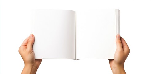 Leinwandbilder - Hands holding an open blank notebook with white pages against a clean white background : Generative AI