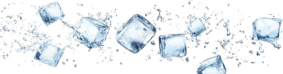 Leinwandbilder - Dynamic movement of ice cubes colliding and splashing in crystal clear water for a refreshing beverage : Generative AI