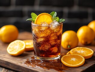 Poster - Chilled glass of iced drink garnished with an orange slice and mint accompanied by fresh lemon and orange fruits on a wooden tray : Generative AI