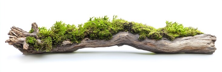 Poster - Natural driftwood covered in vibrant green moss resting on a clean surface with soft highlights : Generative AI