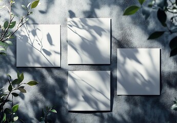 Aufkleber - Four blank square canvases on a textured wall with leafy shadows creating a soothing atmosphere : Generative AI