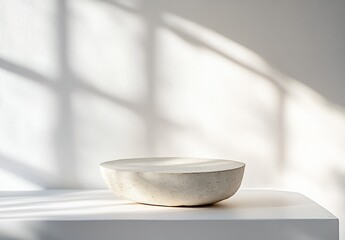 Poster - Minimalist ceramic bowl placed on a clean surface with soft natural light casting elegant shadows : Generative AI