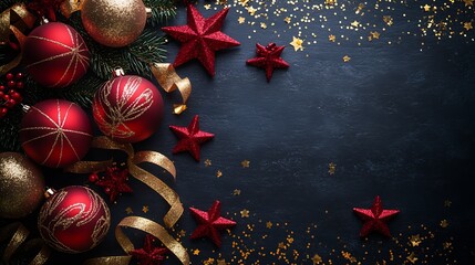 Aufkleber - Vibrant red and gold Christmas ornaments accented with stars on a dark textured background : Generative AI