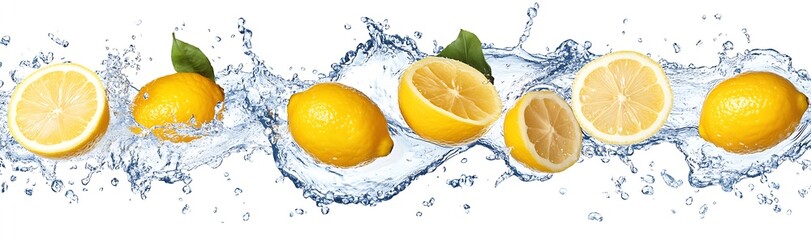 Aufkleber - Sliced lemons with splashes of water creating a refreshing and vibrant scene : Generative AI