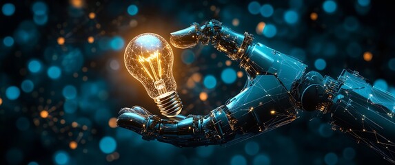 Aufkleber - Robotic hand delicately holding a glowing light bulb representing the fusion of technology and creativity in a modern world : Generative AI