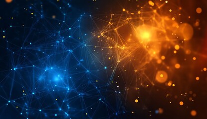 Leinwandbilder - Futuristic networking concept with glowing blue and orange dots connected by lines on a dark backdrop : Generative AI