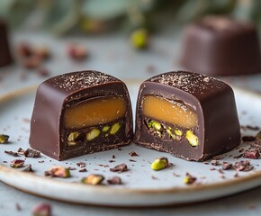 Aufkleber - Decadent dark chocolate bonbons filled with caramel and pistachios presenting an irresistible treat on a plate : Generative AI