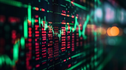 Fototapete - Abstract close up of a financial data chart showcasing red and green indicators on a modern screen : Generative AI