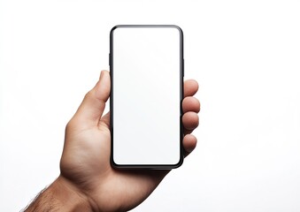 Fototapete - Hand holding smartphone with a plain white screen against a light backdrop for advertising : Generative AI