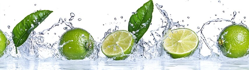 Aufkleber - Fresh green limes splashing into clear water creating dynamic and refreshing visuals : Generative AI