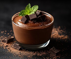 Aufkleber - Delicious creamy chocolate mousse topped with mint leaves and dark chocolate chunks : Generative AI