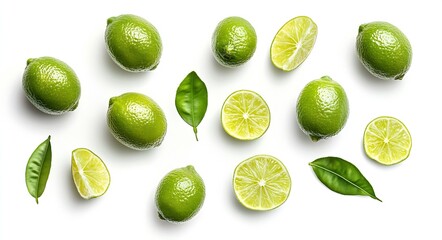Aufkleber - An assortment of whole limes and lime slices elegantly arranged on a surface creating a colorful and fresh display : Generative AI
