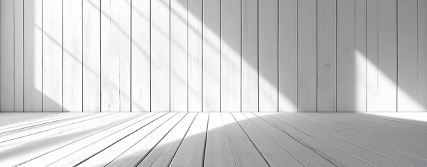 Aufkleber - Minimalist Black and White Empty Room with Wooden Floor and Natural Light Shadows : Generative AI
