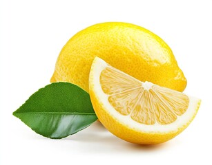 Aufkleber - Whole Lemon with Sliced Half and Green Leaf Against a Clean White Background : Generative AI