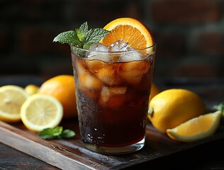 Aufkleber - Refreshing iced beverage with lemon and mint garnish served with fresh lemon slices on a rustic wooden board : Generative AI