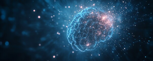 Poster - Futuristic illustration of a human brain made of glowing connections and particles in blue light : Generative AI