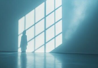 Poster - Evocative shadow figure against softly lit texture showcasing natural light from window creating serene atmosphere : Generative AI