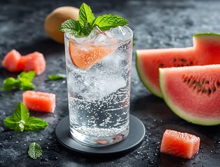Aufkleber - Chilled Refreshing Watermelon Drink Garnished with Fresh Mint Creating a Perfect Summer Vibe : Generative AI