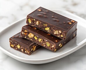 Aufkleber - Three Delicious Chocolate Bars Layered with Crunchy Pistachios on a White Plate : Generative AI