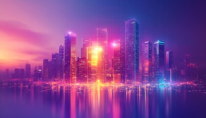 Poster - Stunning futuristic city skyline at sunset with colorful lights reflecting in the water : Generative AI
