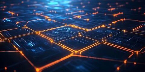 Leinwandbilder - Futuristic digital grid glowing with orange lines against a deep blue background for technology visuals : Generative AI