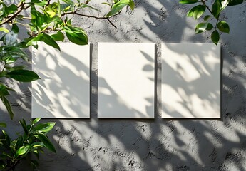 Aufkleber - Three blank cream colored sheets displayed against a textured gray wall surrounded by green foliage : Generative AI