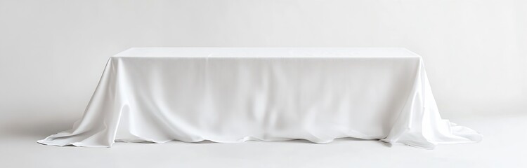 Poster - Elegant white table draped with soft fabric against clean background for dining or decor theme : Generative AI