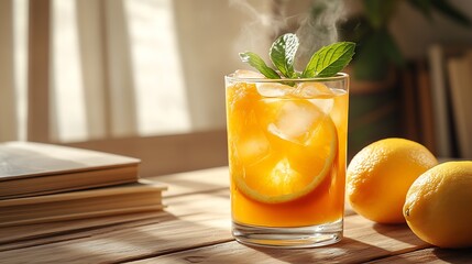 Aufkleber - Refreshing orange citrus drink served over ice with mint garnish and fresh lemons on a wooden table : Generative AI