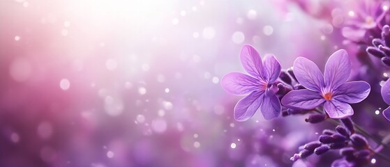 Poster - Vibrant Purple Flowers in Soft Focus with Glittering Bokeh Lights Creating a Dreamy Atmosphere : Generative AI