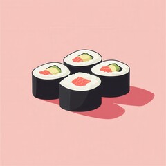Poster - Flat sushi roll icon showcasing Japanese culinary art in a clean minimal style with pastel tones perfect for food branding