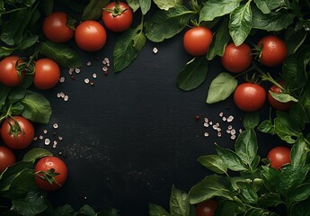 Poster - Fresh red tomatoes surrounded by vibrant green spinach leaves on a dark background ready for cooking : Generative AI