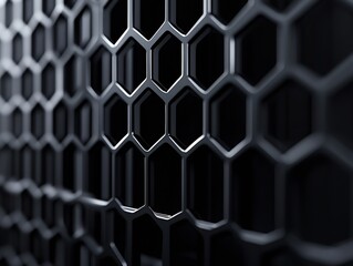 Poster - Close up shot of a modern hexagonal mesh pattern in sleek black design for contemporary backgrounds : Generative AI