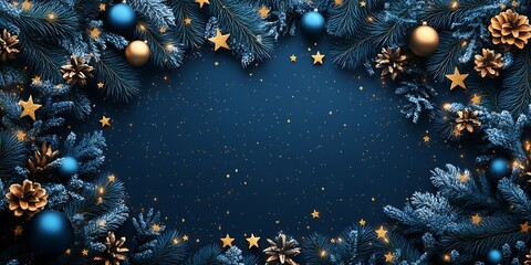 Aufkleber - Festive holiday background with pine branches ornaments and golden decorations on deep blue backdrop : Generative AI
