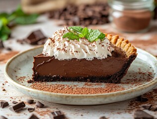 Aufkleber - Luxurious Chocolate Pie Slice Garnished with Whipped Cream and Chocolate Shavings : Generative AI