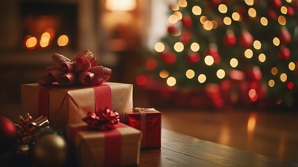Aufkleber - Charming array of assorted Christmas gift boxes with bows illuminated by soft glowing lights : Generative AI