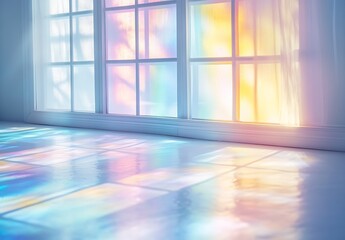 Leinwandbilder - Bright indoor scene with colorful light reflections dancing on a polished floor from glass windows : Generative AI