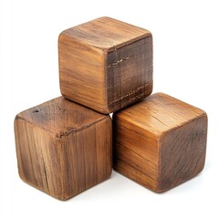 Poster - Three beautifully crafted wooden cubes arranged artistically on a clean white background : Generative AI