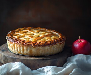 Poster - Deliciously baked apple pie with golden crust on wooden board next to fresh apple : Generative AI