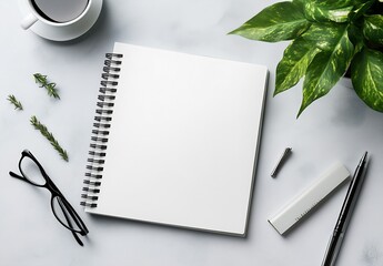 Poster - Chic workspace with blank notebook stylish glasses and fresh plant arranged neatly on minimalist desk : Generative AI