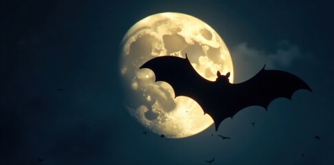 dark silhouette of a bat flying towards the moon, shadowy figure, , full moon