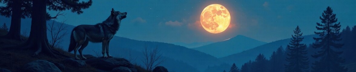 a wolf howling at a full moon in the forest, with trees and hills in the background , nighttime, lun