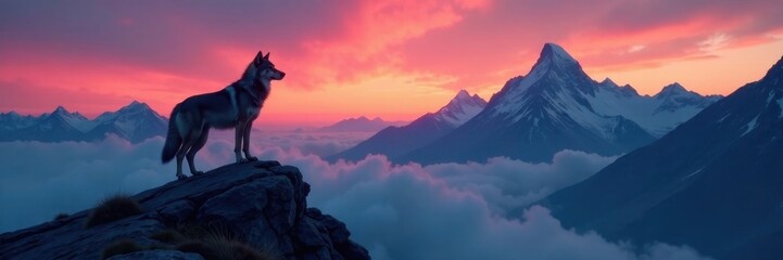 Wall Mural - Lonesome wolf standing on a mountain peak at dusk, landscape, , solitude