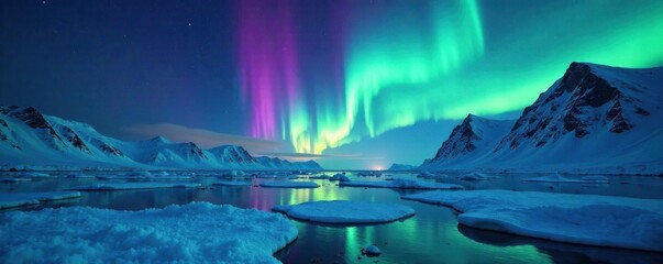 northern lights above icy mountains, snow, ice, aurora