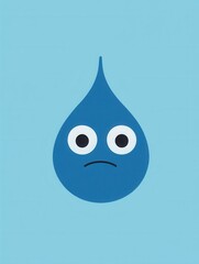 Fototapete - Sad blue water drop icon features simple style with expressive eyes and minimalist design on a light blue background