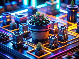 Wall Mural - futuristic glowing geometric flower pots: tilt-shift miniature garden