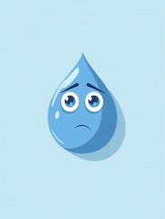 Fototapete - Sad blue water drop icon with eyes in a simple style representing emotions and nature on a light background