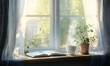 © slonme - Cozy Morning Scene with Steaming Coffee and Open Book by the Window