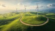 © ngamaz - Winding road through green hills with wind turbines