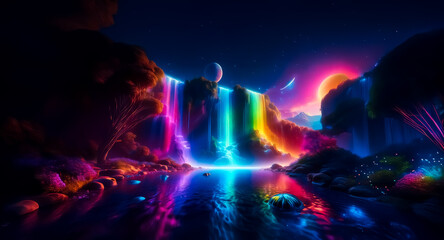 Wall Mural - night scene with vibrant rainbow waterfall. colorful lights illuminate nature. moon and stars in the