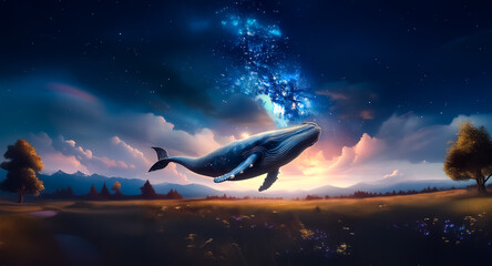 Wall Mural - a whale gracefully floats in the air against a backdrop of a dreamy night sky filled with stars and 